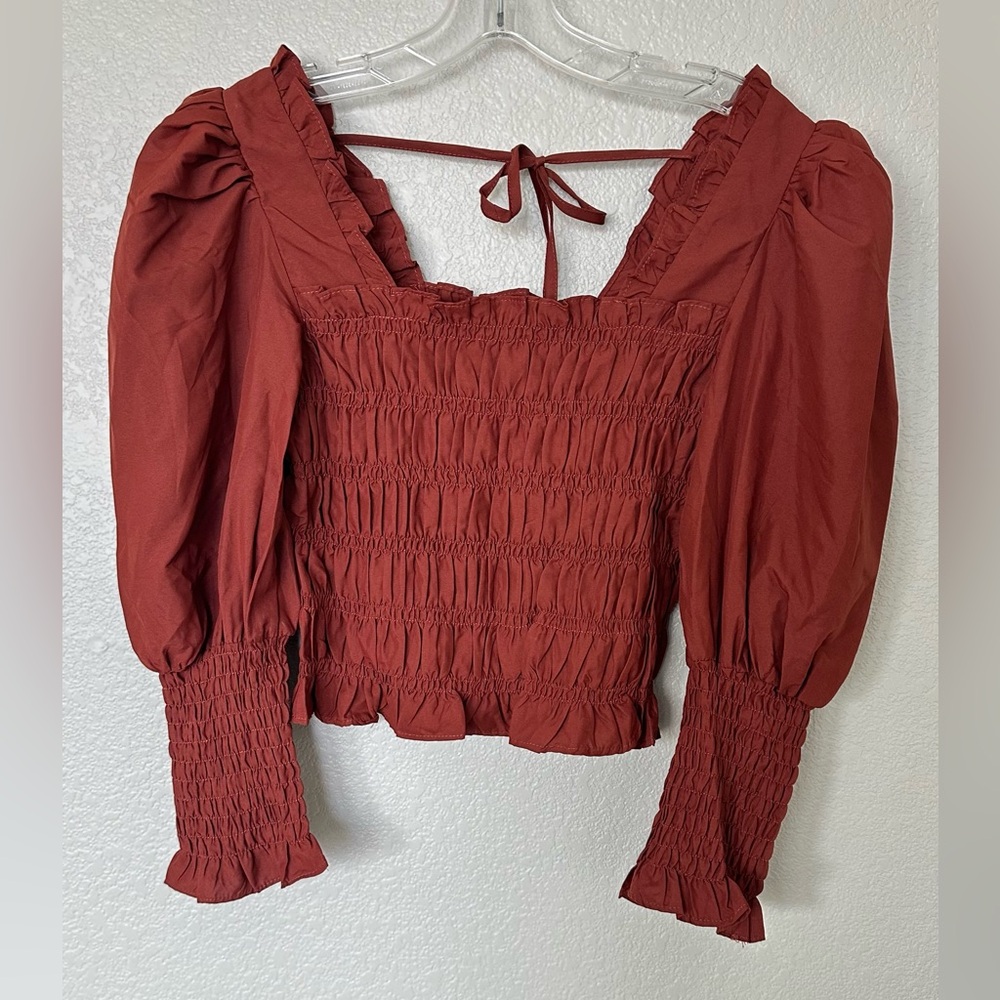 Rust Color Puff Sleeve Smocked Crop Blouse